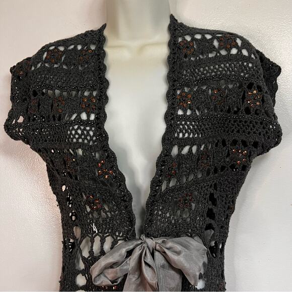 Boston Proper | XS Smoky Gray Lacy Crochet Look Open Weave Cardigan, Fabric Bow - Picture 7 of 16